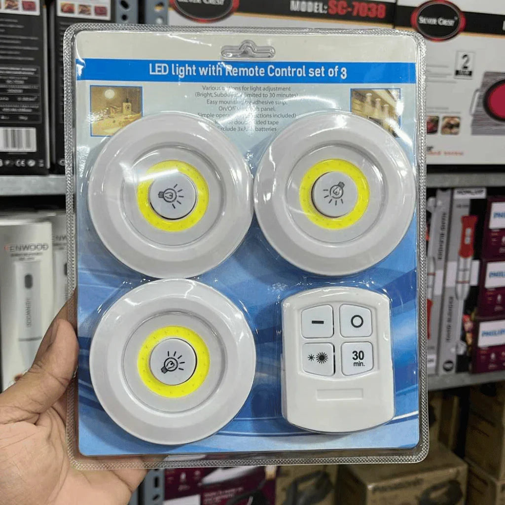 Pack Of 3 LED Remote Control Lights | Tap Light For Cabinet Wardrobe Room Kitchen